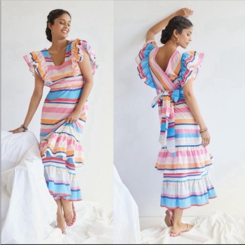 Anthropologie Plenty by Tracy Reese Rainbow Stripe Flutter Sleeve Dress